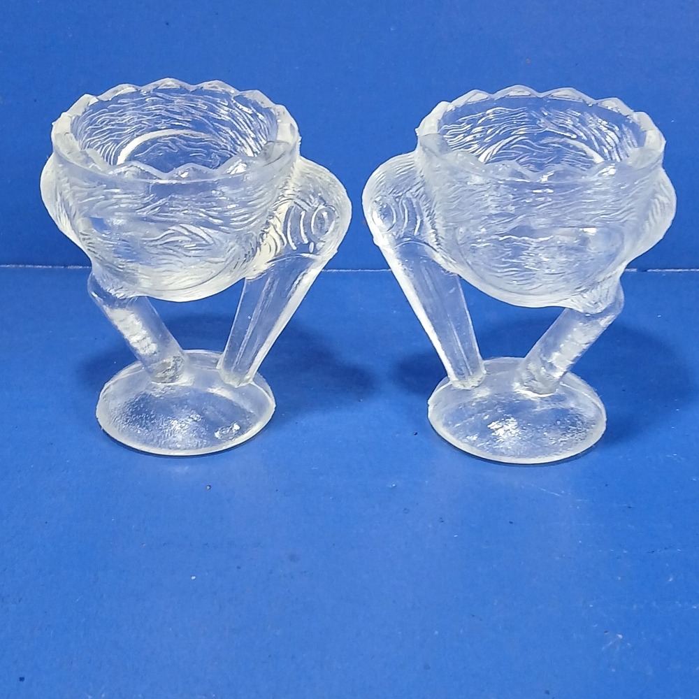 2 Glass Figural Stork Crane or Heron Bird Egg Cups